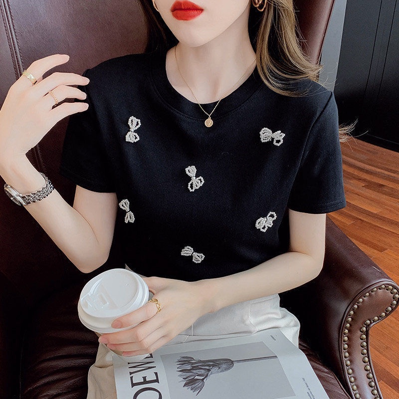 Áo thun nữ BH tay ngắn cổ tròn đính hạt cườm phong cách Hàn Quốc