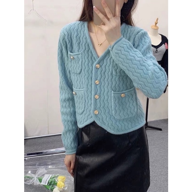 Áo cardigan Forgirl cổ V len gân sóng phối cúc có túi