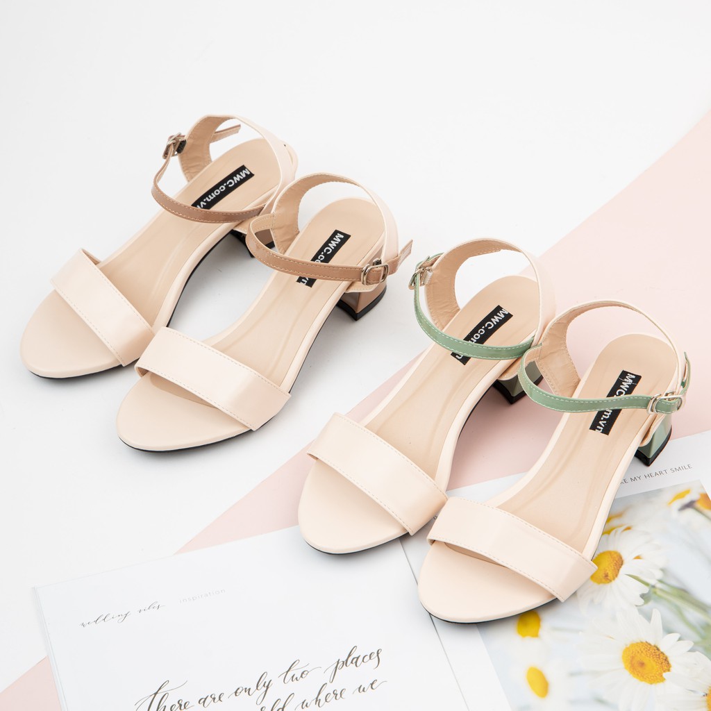Giày Sandal Cao Gót MWC Đế Vuông 5CM Hở Mũi Quai Ngang Màu Xanh Nâu Sang Trọng NUCG-3920
