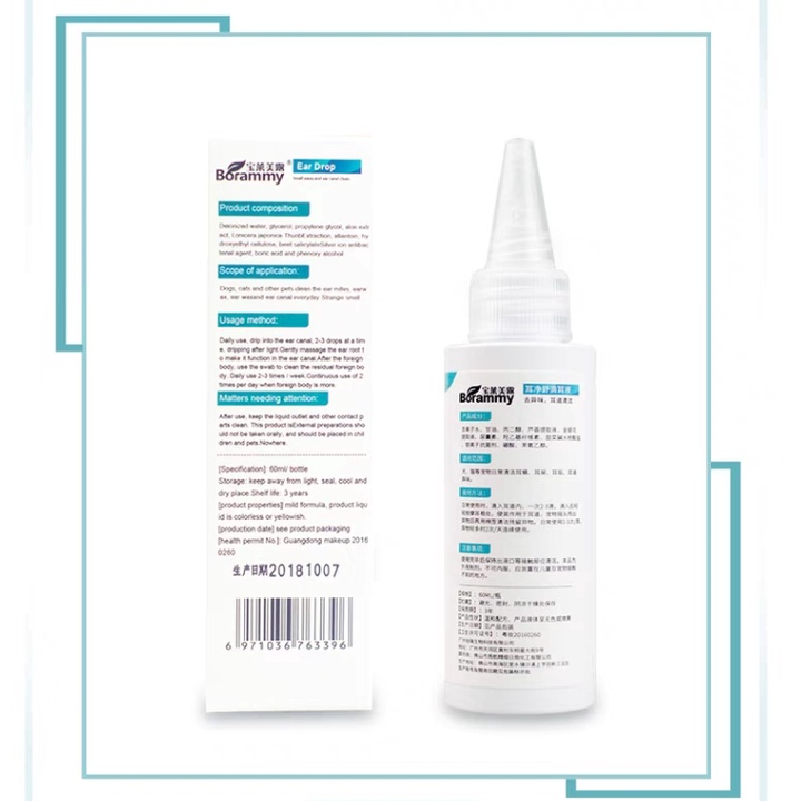 Thuốc Nhỏ tai cho chó mèo Borammy chiết xuất thiên nhiên làm sạch tai ngăn ngừa viêm nhiễm - 60ml