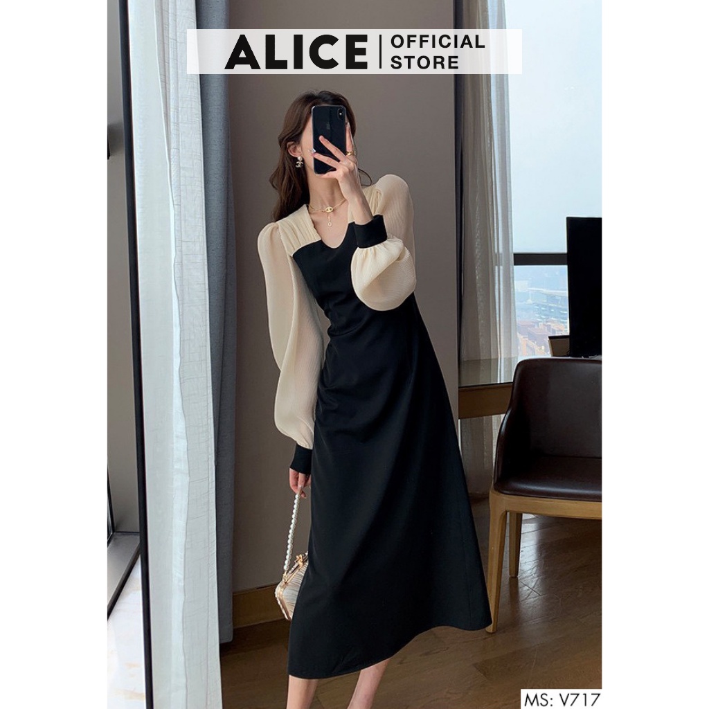 Váy Dài Tay Tiểu Thư ALICE V717, Thiết Kế Ôm Eo Tôn Dáng Bo Cổ Tay Sang Chảnh