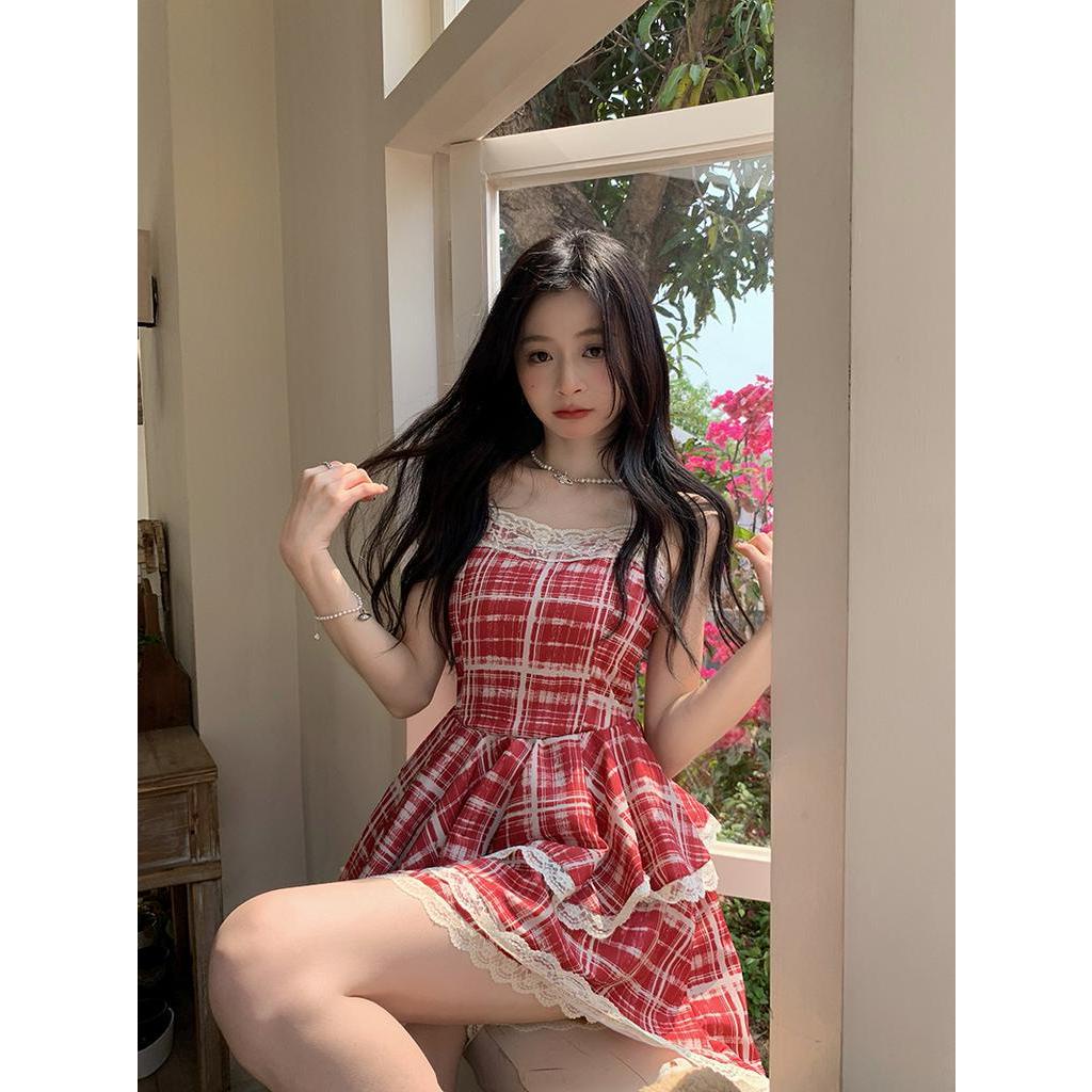 Đầm Hai Dây Phối Ren Họa Tiết Sọc Caro Ngọt Ngào Thời Trang Mùa Hè Cho Nữ
