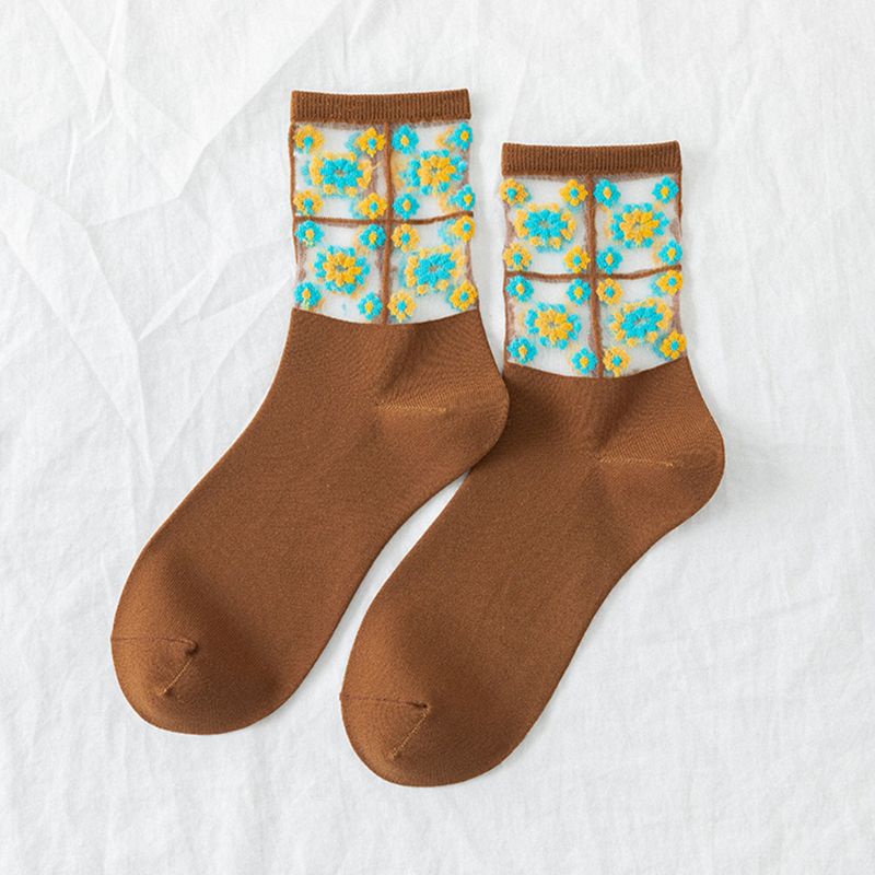 Youyo Vớ Lưới Jacquard Siêu Mỏng Xuyên Thấu Ghép Vải Hoa Cúc Dài Tới Mắt Cá Chân Phong Cách Hàn Quốc Cho Nữ