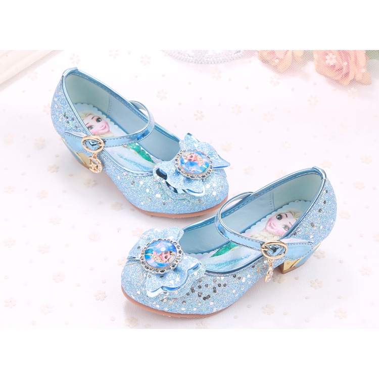 Giày cao gót công chúa Elsa cao 3cm dạng búp bê có đế cao su mềm da PU đính kim tuyến lung linh