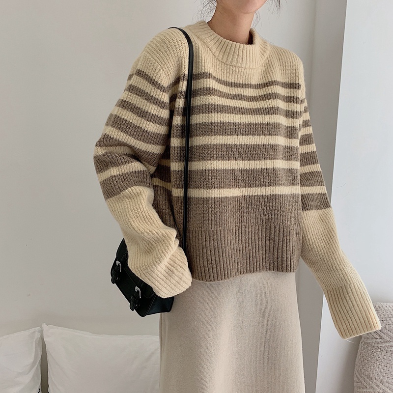 Áo sweater tay dài dáng rộng kẻ sọc phong cách Hàn Quốc trẻ trung