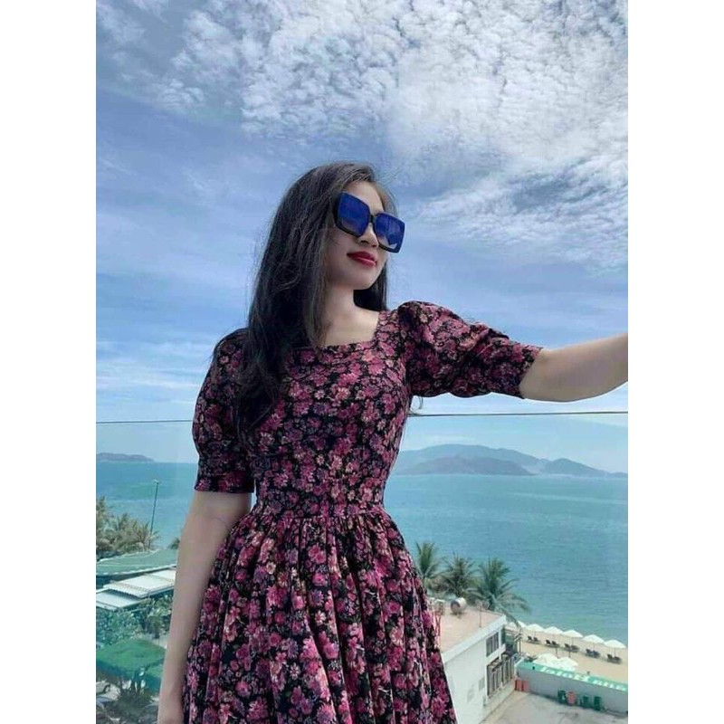 Váy hoa tím tay bồng | BigBuy360 - bigbuy360.vn