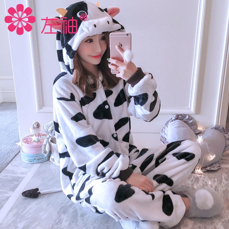 ▶Đồ Ngủ Mùa Đông◀Bộ Đồ Ngủ Liền Thân Tay Dài Chất Nỉ Dày Dặn In Họa Tiết Bò Sữa Dễ Thương Thời Trang Thu Đông