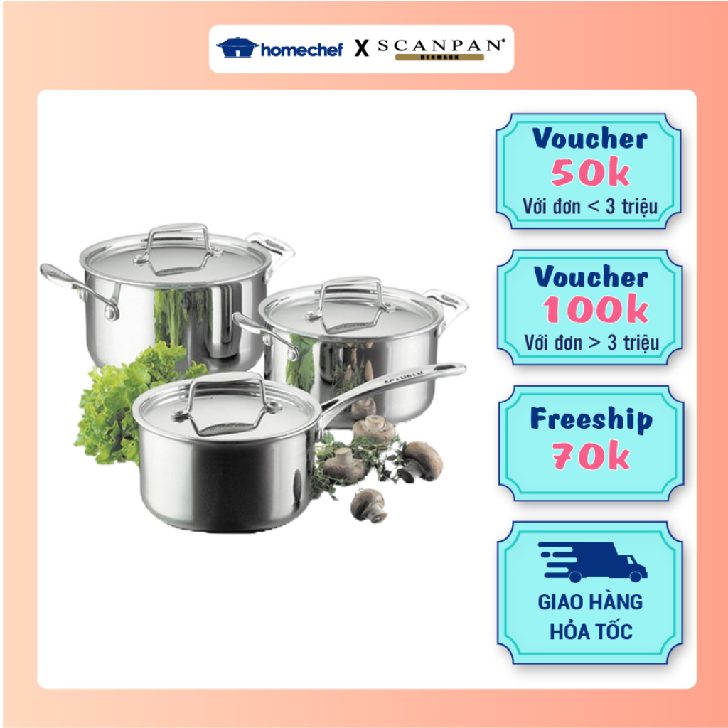 Bộ nồi inox 3 chi tiết dùng bếp từ Scanpan Fusion 74000300, đúc liền thân đáy 5 lớp, an toàn trong máy rửa bát