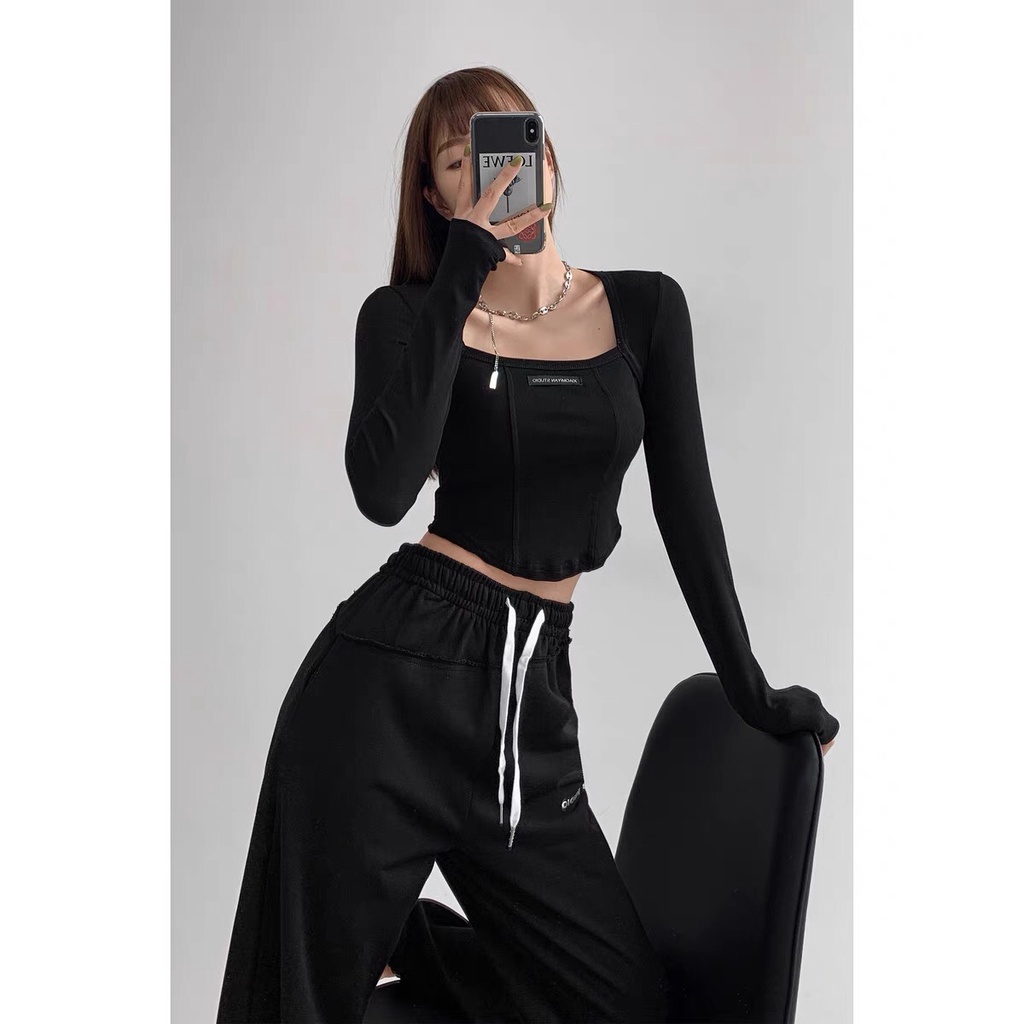 Áo croptop CỔ VUÔNG LOGO TAY DÀI nữ, crt ôm body đen trắng
