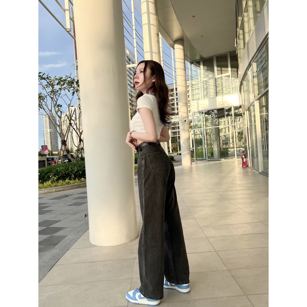 Quần Jean Ống Rộng Lưng Siêu Cao 2 Màu Xám Đen