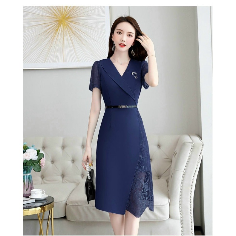 Váy đầm dự tiệc trung niên cho mẹ màu xanh đen sang trọng cổ vest tay lỡ Linhnastore