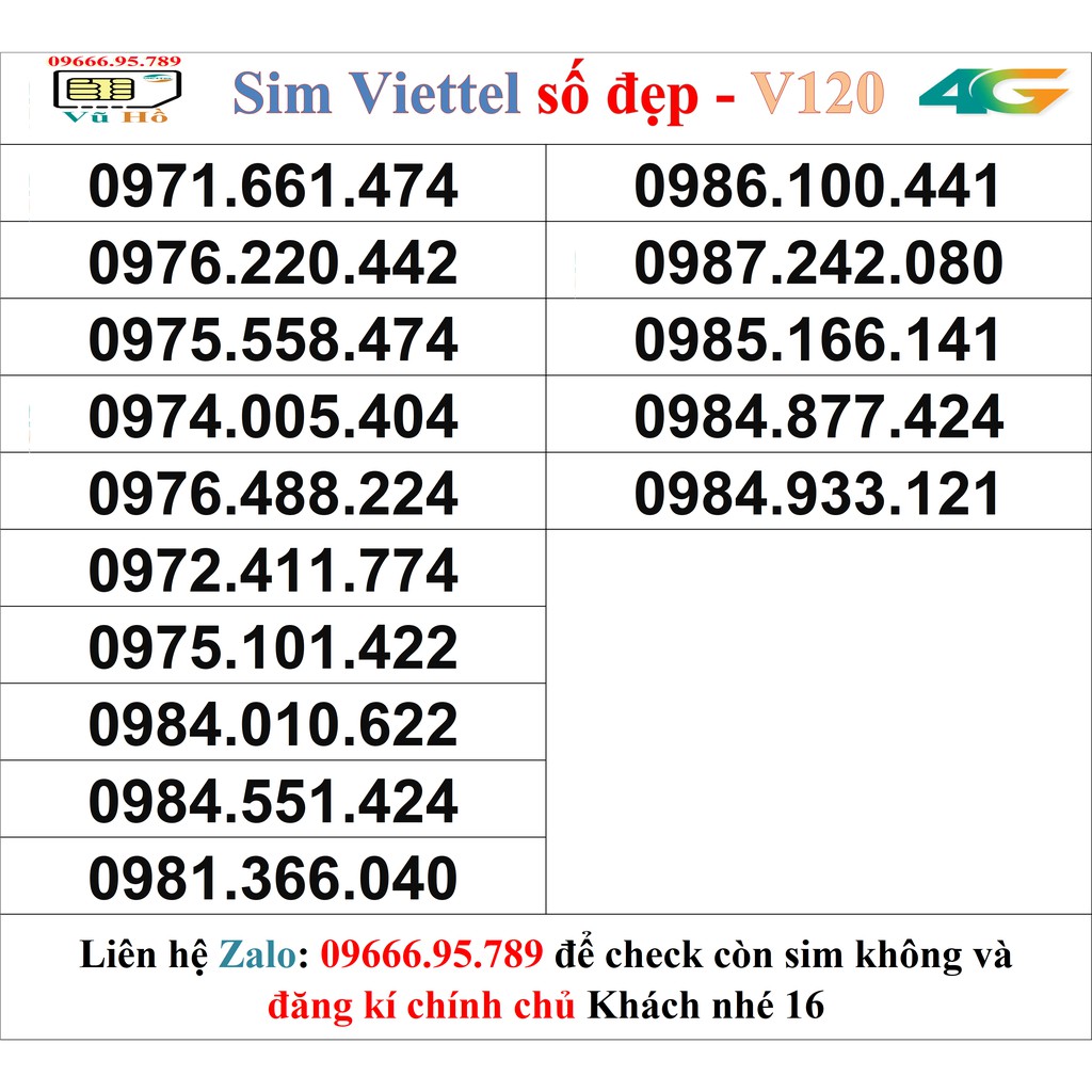 Sim Viettel V120 đầu 09 số đẹp giá rẻ 16