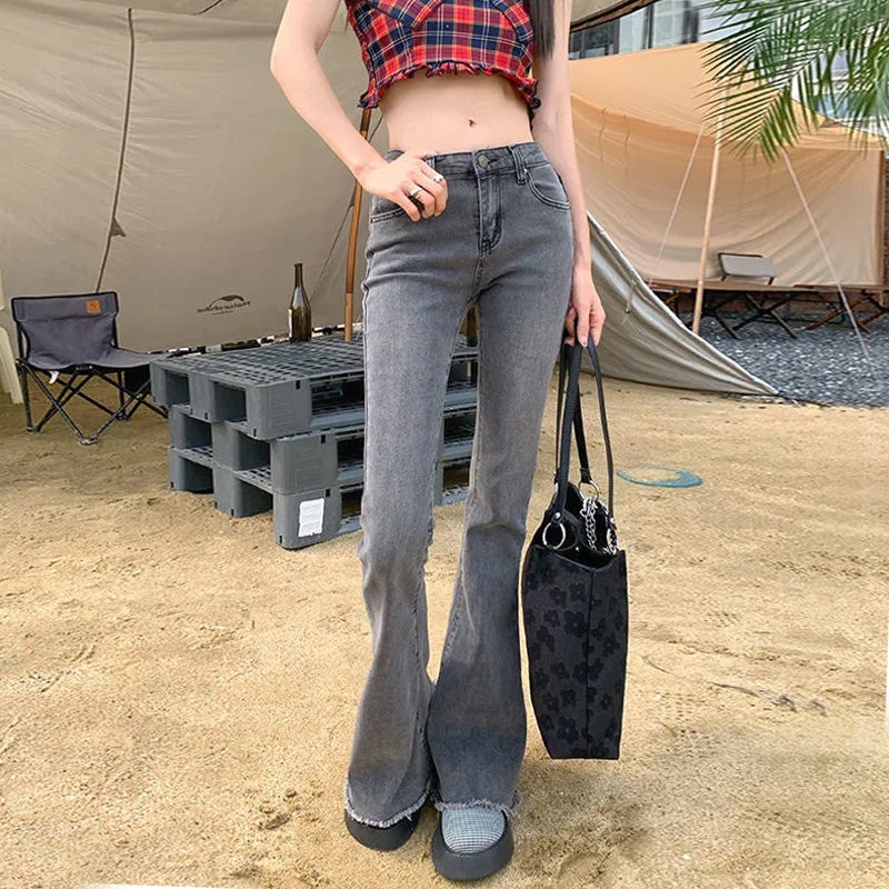 Jiashucheng Quần Jean Dài Ống Rộng Sờn Dễ Phối Đồ Thời Trang Mùa Hè