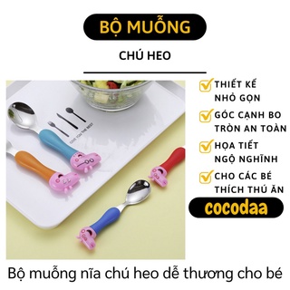 Muỗng, Nĩa Ăn Dặm - Bộ Muỗng Nĩa Inox Hình Gia Đình Pink Pig Cho Bé từ 1-5 Tuổi 9608 [FREESHIP]