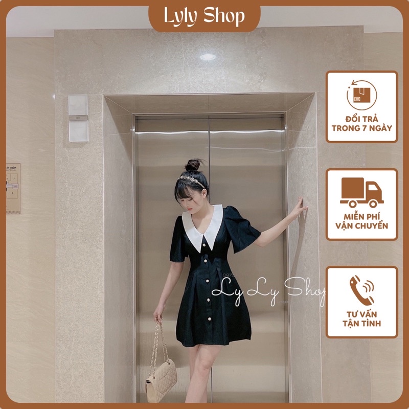 Đầm đen phối cổ trắng peter kết nút ( có bigsize)