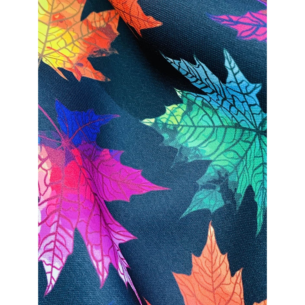 Vải lụa Candy may đầm xòe nền đen lá phong MS1671