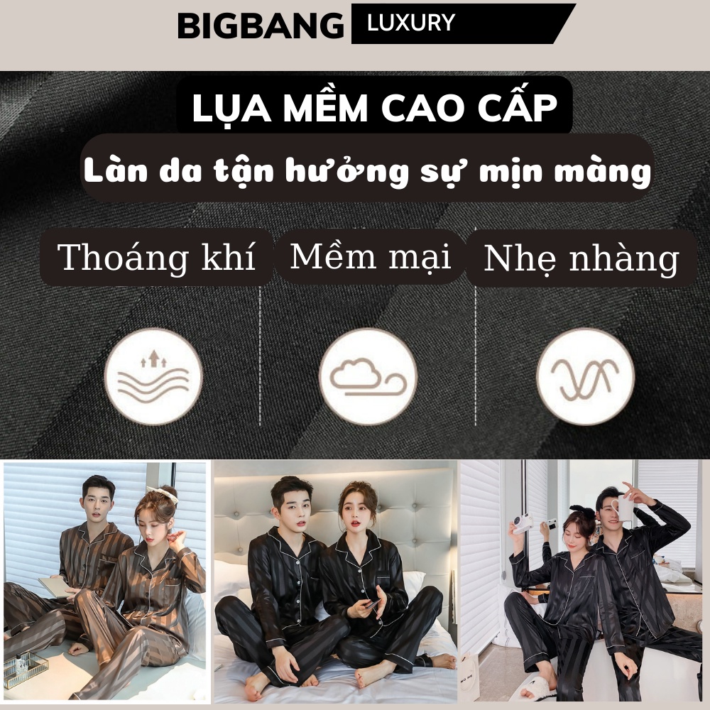 Bộ Đồ Ngủ Nam Nữ Bigbang Luxury Lụa Sọc Trơn Lụa mềm cao cấp mã 752 Pyjama cho cặp đôi nam nữ gia đình quà tặng bạn bè