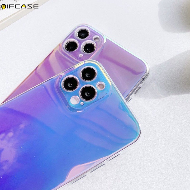 Compatible For iPhone 12 Mini 12 11 Pro Max XS Max XR X 7 8 6 6s Plus Phone Case Purple Gradient Rainbow Laser Blu-ray Glitter Bling Color Colorful Simple Transparent Clear Soft TPU Casing Case Cover