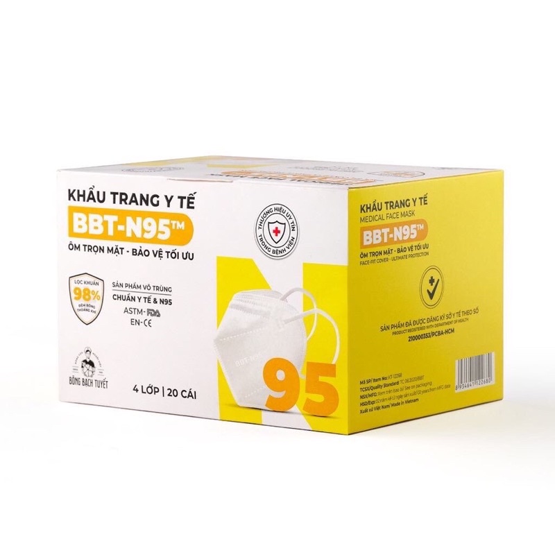 Khẩu trang y tế kháng khuẩn, ngăn bụi mịn Bông Bạch Tuyết BBT - N95 (Hộp 20 cái)