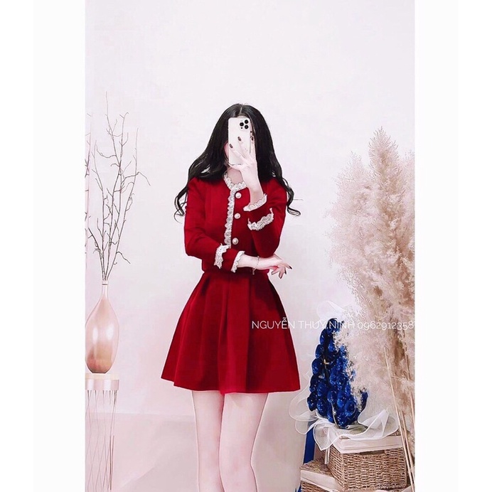 Set áo nhung đỏ kèm chân váy,váy nữ xoè kèm áo dài tay cho mùa noel siêu xinh đi lam đi chơi đều được ạ
