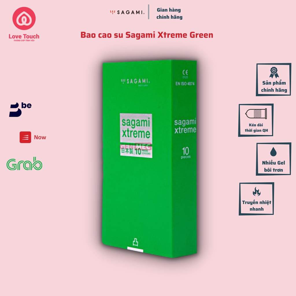 Hộp 10 cái bao cao su sagami gân gai Xtreme Green nhật bản cao cấp nâng cảm xúc khi YÊU - LOVETOUCH- CHE TÊN SẢN PHẨM