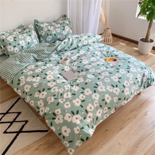 Bộ drap & chăn phao cotton poly hoa mai xanh