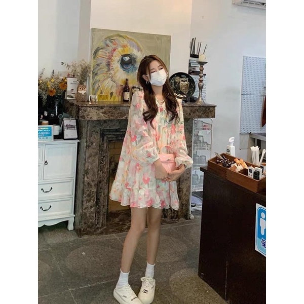 Váy babydoll hoa tơ cổ vuông bèo tay bo