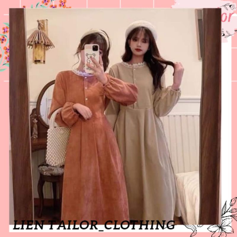 Váy dài tay mùa thu 🍒 Hot hít 🍒dáng dài cổ phối ren xinh xắn