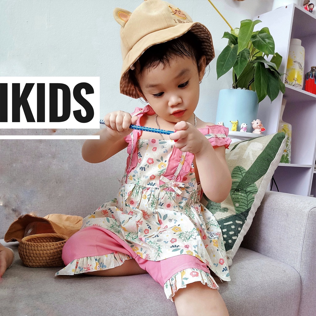 Quần áo trẻ em, Bộ thô mềm hoa nhí hai dây viền bèo , nhún phối nơ cho bé gái 8-17kg( Ảnh shop tự chụp)