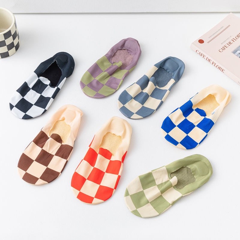 Vớ Thuyền Bằng cotton Lụa Băng Mỏng Màu Trơn Họa Tiết Kẻ Ô Gót Thấp Vô Hình Miệng Nông Không Rơi Cho Nữ