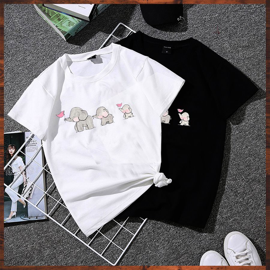 Áo thun tay lỡ form rộng in voi và thỏ dễ thương vải dày mịn 2020TN1021