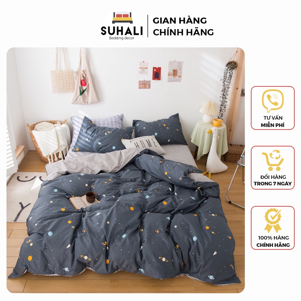 Bộ chăn ga giường cotton poly SUHALI hình vũ trụ gồm vỏ chăn mền, drap nệm và 2 vỏ gối