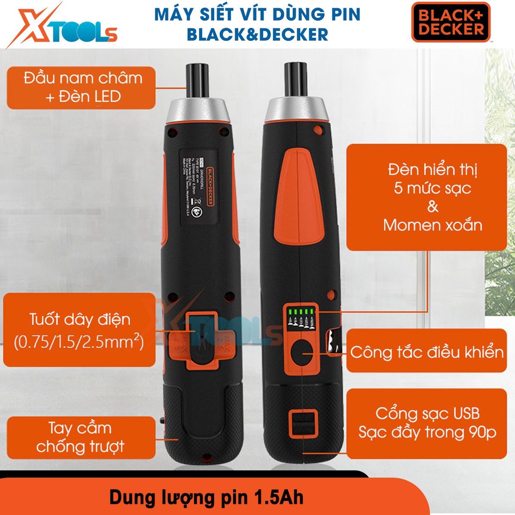 Máy bắn vít dùng pin cầm tay Black&amp;Decker BD40K4-B1 5 mức chỉnh lực 280g, tốc độ không tải 320rpm [CHÍNH HÃNG][XTOOLS]