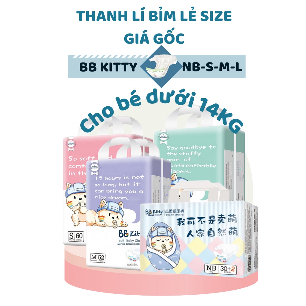 Tã Bỉm Dán BB Kitty size NB36/S60/M52/L46 cho bé dưới 14kg, bỉm nội địa Trung siêu thấm hút, an toàn cho bé