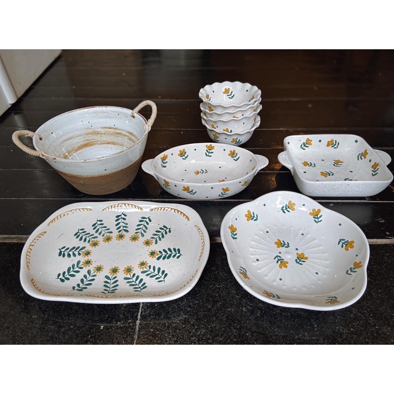 Bộ bát đĩa hoa cỏ vàng men tiêu phong cách vintage