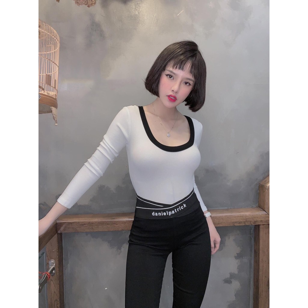 Áo thun lụa cổ viền phối màu tay dài xinh GB0111