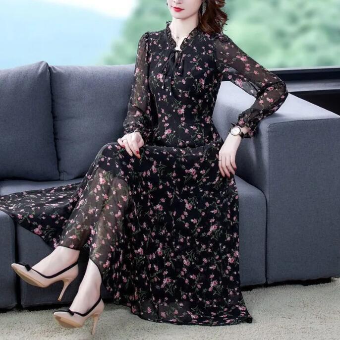 Đầm chiffon plus size tay dài in hoa cho nữ