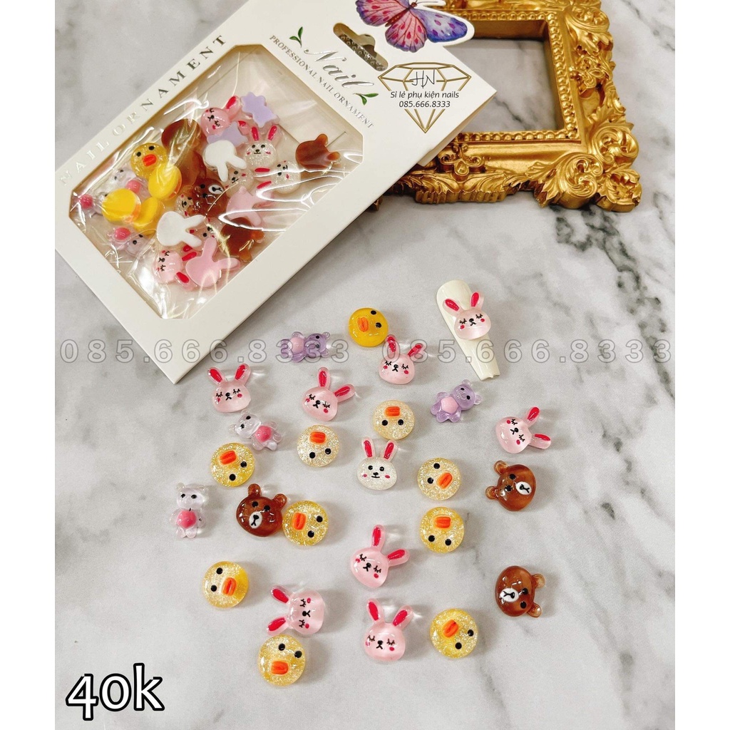 Charm nail hoa, gấu, thỏ, nơ nhựa, chai rượu phụ kiện gắn móng