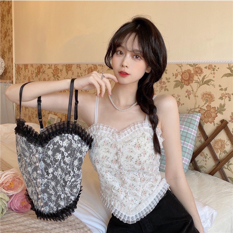 Áo Bra Nữ Ren Hoa Tiểu Thư Đính Hạt Viền Bèo, Chun Sau Dáng Croptop Siêu Xinh Kèm Mút Ngực Ms B3