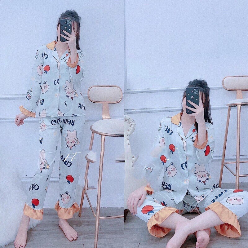 Đồ bộ pijama, bộ lụa satin dài tay viền bèo tiểu thư hoạ tiết gấu xinh