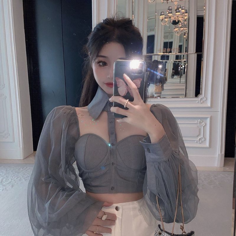 Áo cúp ngực tay bồng cổ sơ mi có bigsize