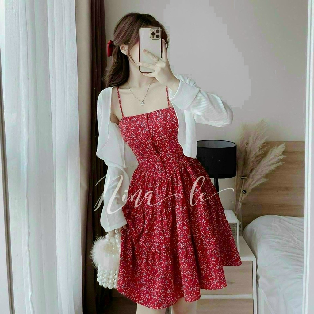 (Sale FreeShip) Đầm 2 dây hoa nhí dáng xòe kèm khoát,chất lụa mềm có mút,diện đi đâu cũng xinh