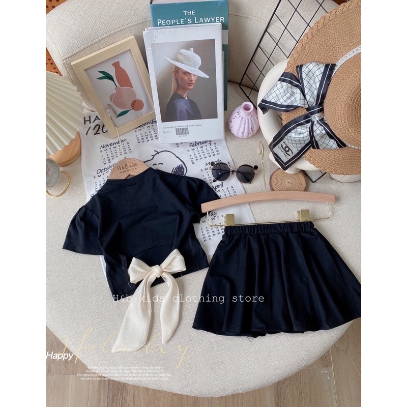 Sét váy cotton tàu khoét lưng kèm nơ bản to cho bé gái từ 8-20kg💋