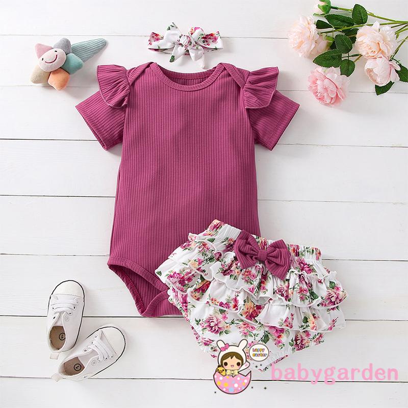 BABYGARDEN Newborn Girl Three-Piece Outfits, Short Sleeve Round Neck Romper + Floral Print Bow Decor Ruffles Shorts +