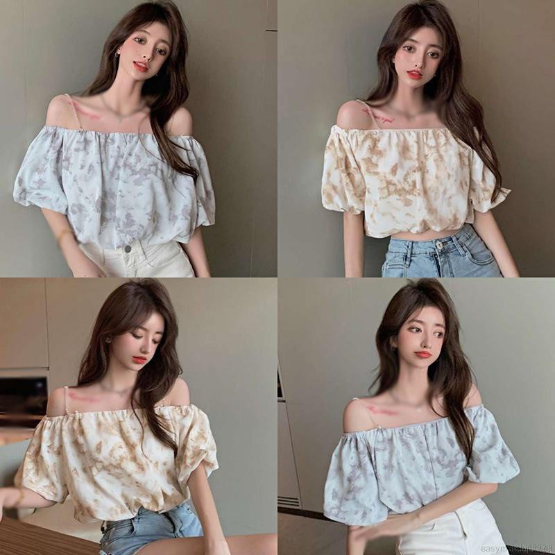 Áo Chiffon Tay Phồng Trễ Vai Màu Nhuộm Phong Cách Hàn Quốc Cho Nữ | BigBuy360 - bigbuy360.vn