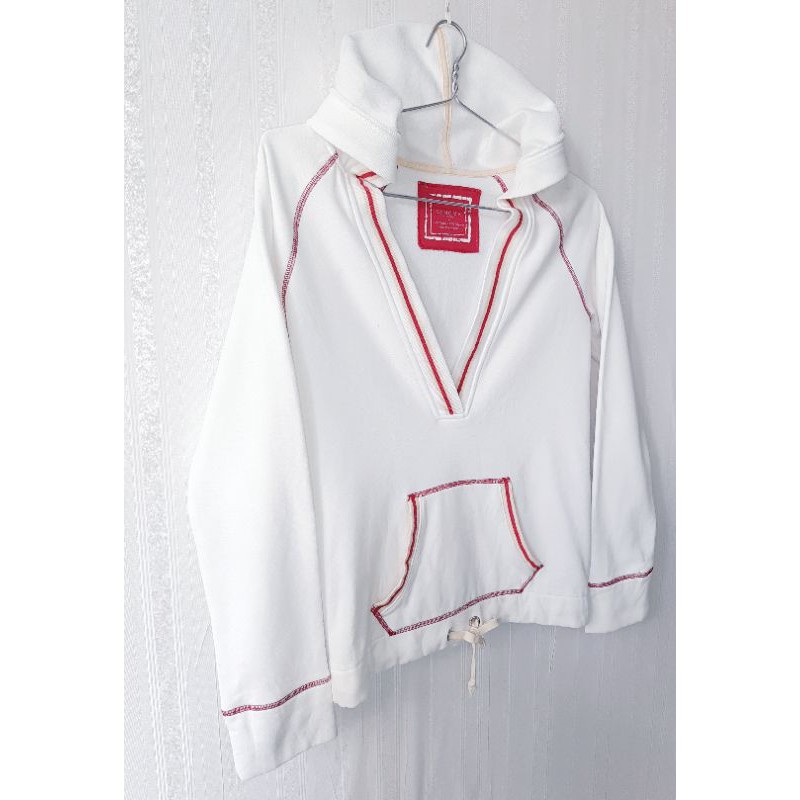 Bộ áo thun nỉ hoodie thể thao Unisex tay dài có nón và túi, kèm quần dài thun nỉ màu trắng viền đỏ, chất dày dặn, đẹp