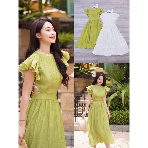 Váy tơ nhăn viền ren tay bèo 2 lớp xanh bơ cốm trắng