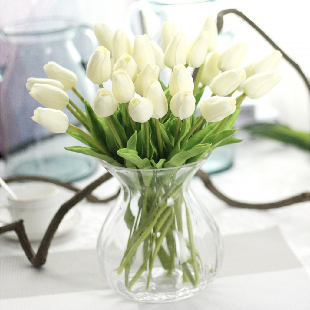 Hoa giả ❤️ Hoa tulip giả PU cao cấp ❤️ Decor trang trí nhà cửa Lizflower bằng cao su non có cả Lá Xoắn &amp; Lá Thẳng