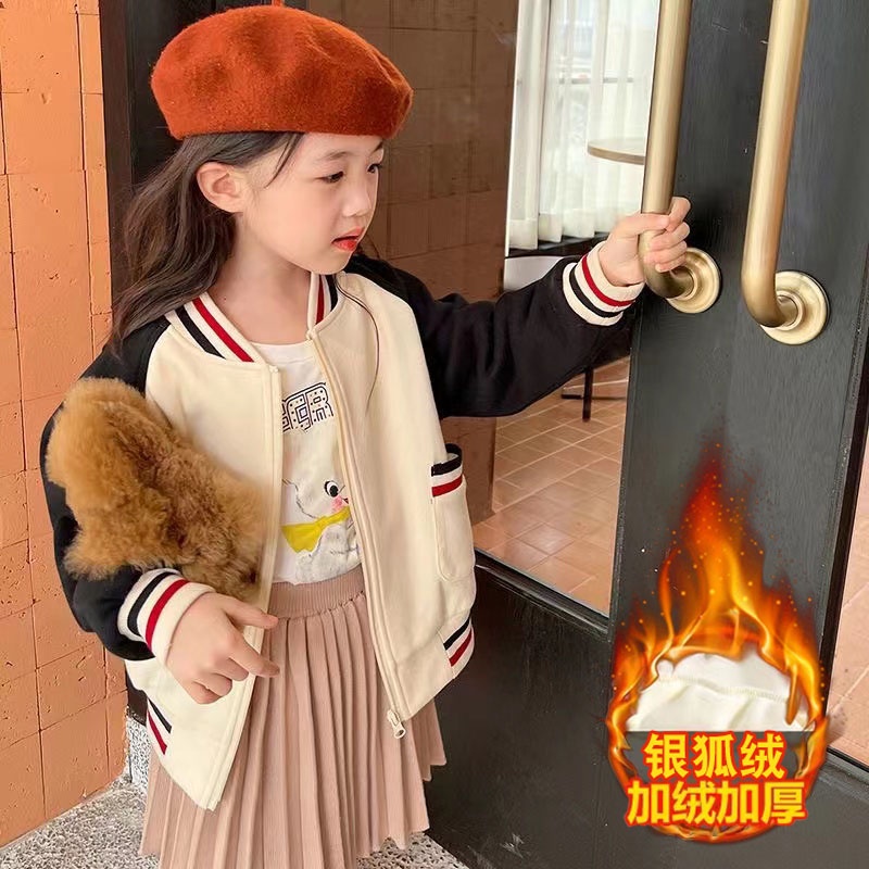 Áo Khoác Bóng Chày Lót Nhung Dày Dặn Màu Sắc Tương Phản Thời Trang Thu Đông 2022 Cho Bé Gái 3-14 Tuổi