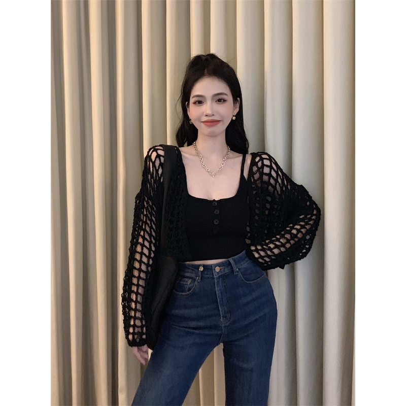 Set áo 2 dây croptop ôm body tôn dáng hở vai sexy nút + áo khoác len lưới tay dài cardigan mùa hè trắng đen hồng ulzzang